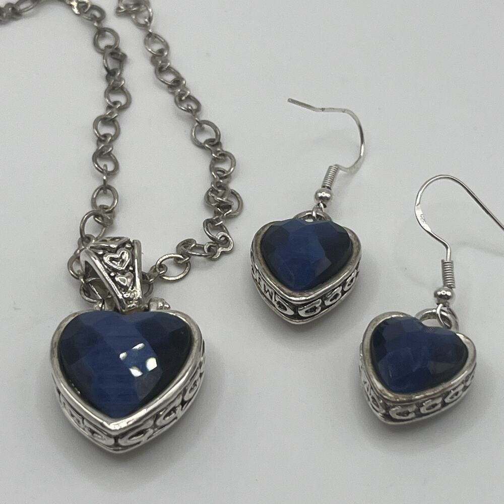 MJ Blue Faceted Heart Necklace Earrings Set 925 Sterling Hook Silver Tone Ornate